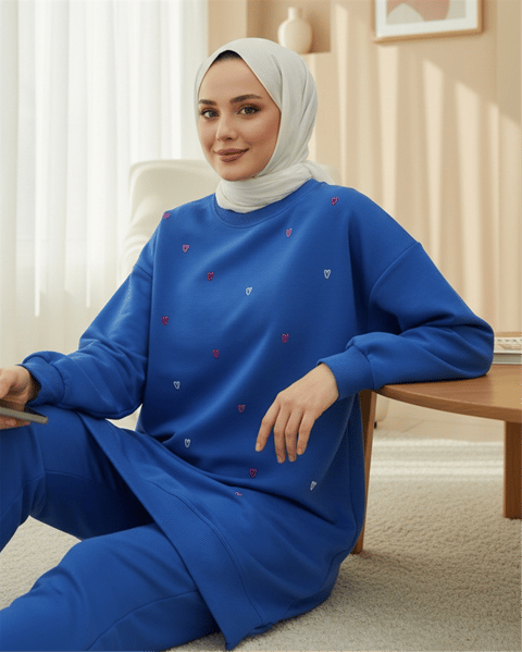 Yuvarlak Yaka Kalp Desenli Penye Tunik  -Mavi-Tunik-349-7090-R31