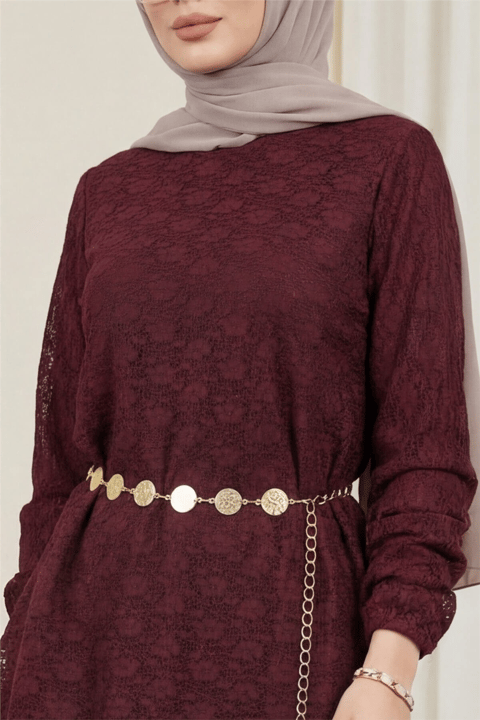 Yuvarlak Yaka Kemerli Dantel Detaylı Astarlı Pantolonlu Takım -Bordo-Takım-426-5307-R04