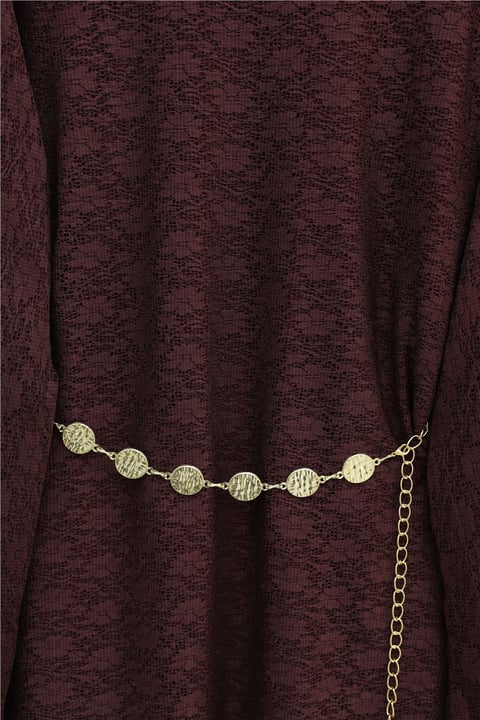 Yuvarlak Yaka Kemerli Dantel Detaylı Astarlı Pantolonlu Takım -Bordo-Takım-426-5307-R04