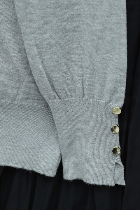 Yuvarlak Yaka Kolu Düğme Detaylı Triko Tunik  -Açık Gri-Tunik-109-9793-R41