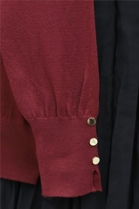 Yuvarlak Yaka Kolu Düğme Detaylı Triko Tunik  -Bordo-Tunik-109-9793-R04