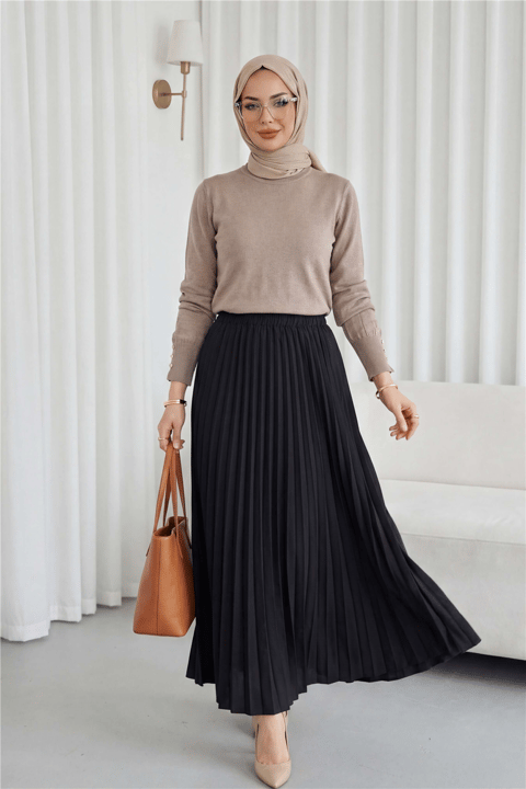 Yuvarlak Yaka Kolu Düğme Detaylı Triko Tunik  -Açık Kahve-Tunik-109-9793-R76