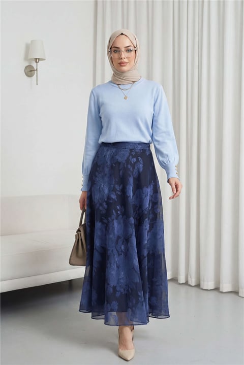 Yuvarlak Yaka Kolu Düğme Detaylı Triko Tunik   -Bebe Mavi-Tunik-109-9793-R32