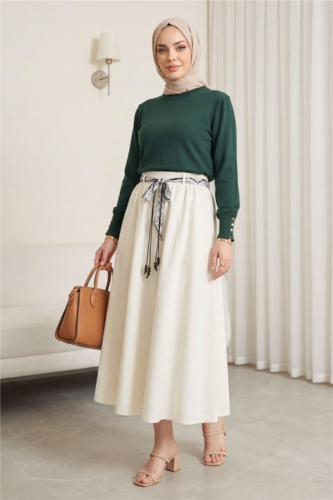 Yuvarlak Yaka Kolu Düğme Detaylı Triko Tunik   -Zümrüt-Tunik-109-9793-R17