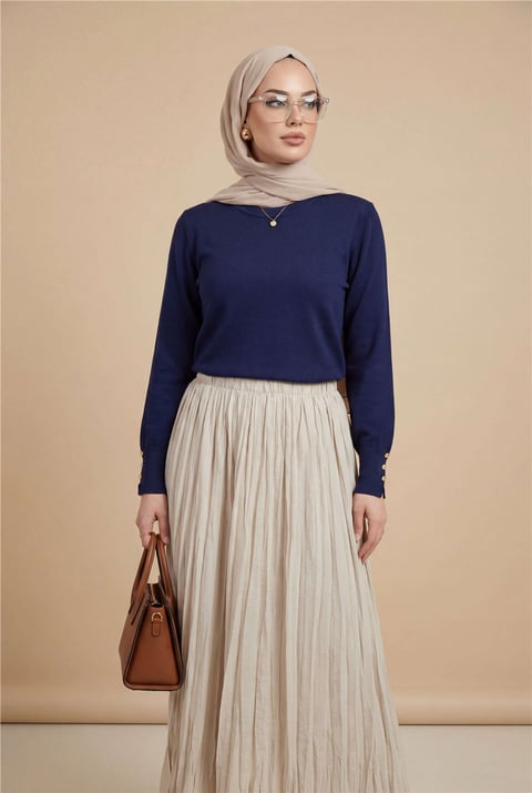 Yuvarlak Yaka Kolu Düğme Detaylı Triko Tunik  -İndigo-Tunik-109-9793-R21