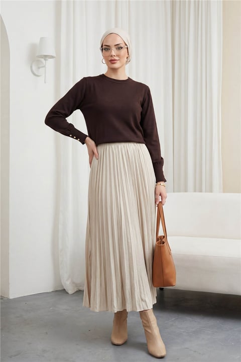 Yuvarlak Yaka Kolu Düğme Detaylı Triko Tunik  -K. Kahve-Tunik-109-9793-R54