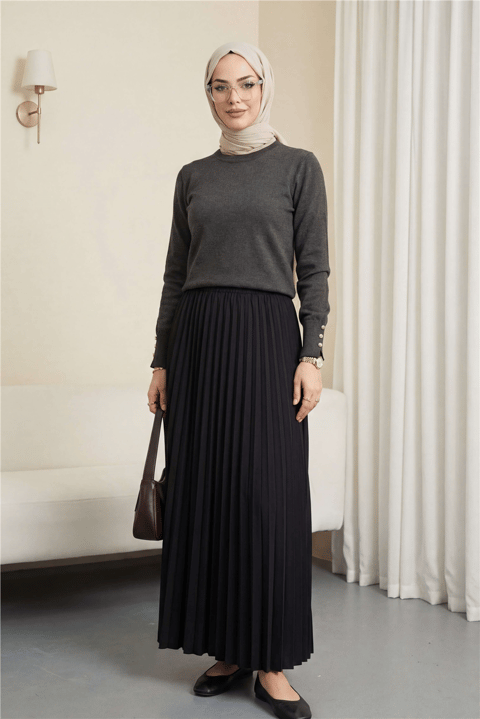 Yuvarlak Yaka Kolu Düğme Detaylı Triko Tunik  -Füme-Tunik-109-9793-R18