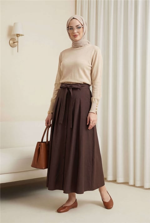 Yuvarlak Yaka Kolu Düğme Detaylı Triko Tunik   -Açık Vizon-Tunik-109-9793-R51