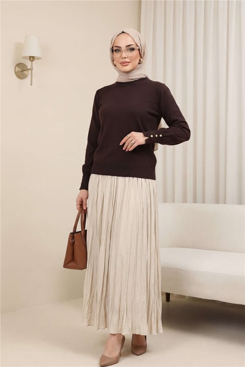Yuvarlak Yaka Kolu Düğme Detaylı Triko Tunik  -K. Kahve-Tunik-109-9793-R54