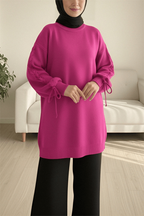 Yuvarlak Yaka Kolu Örgü Detaylı Triko Kazak -Fuşya-Kazak-295-1280-R14