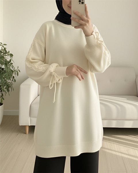 Yuvarlak Yaka Kolu Örgü Detaylı Triko Kazak -Krem-Kazak-295-1280-R28