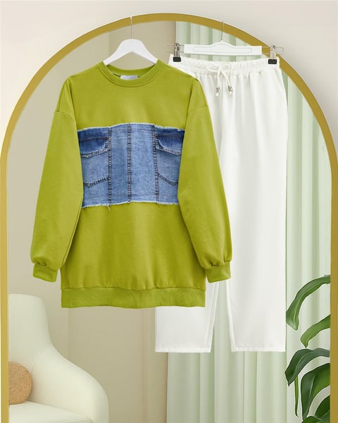 Yuvarlak Yaka Önü Kot Cep Detaylı Sweat -Yağ Yeşili-Sweatshirt-362-4419-R72