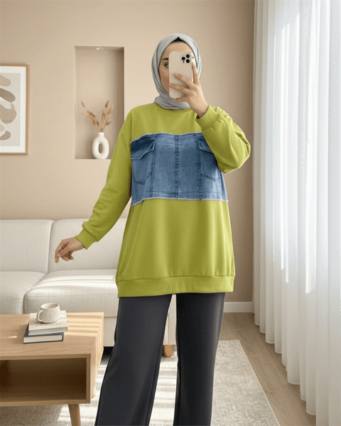 Yuvarlak Yaka Önü Kot Cep Detaylı Sweat -Yağ Yeşili-Sweatshirt-362-4419-R72