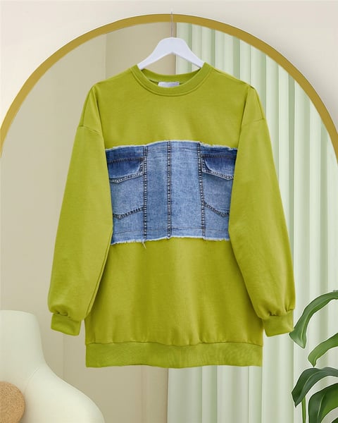 Yuvarlak Yaka Önü Kot Cep Detaylı Sweat -Yağ Yeşili-Sweatshirt-362-4419-R72