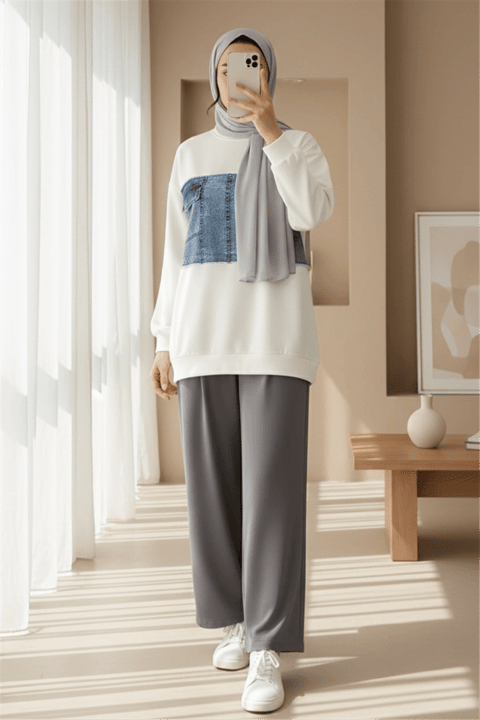 Yuvarlak Yaka Önü Kot Cep Detaylı Sweat -Beyaz-Sweatshirt-362-4419-R02