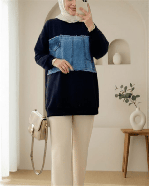 Yuvarlak Yaka Önü Kot Cep Detaylı Sweat -Siyah-Sweatshirt-362-4419-R01