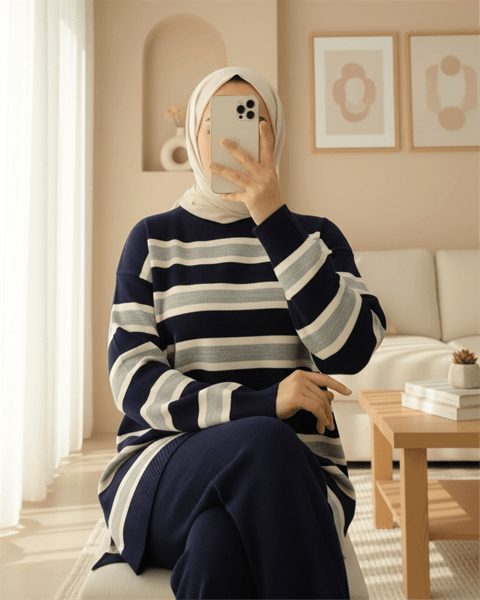 Yuvarlak Yaka Renkli Çizgili Salaş Triko Takım -Gri-Takım-295-1298-R11