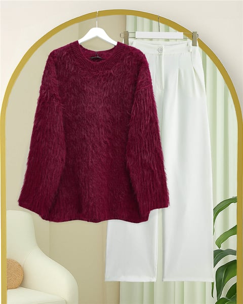 Yuvarlak Yaka Sakallı Triko Kazak -Bordo-Kazak-357-7004-R04