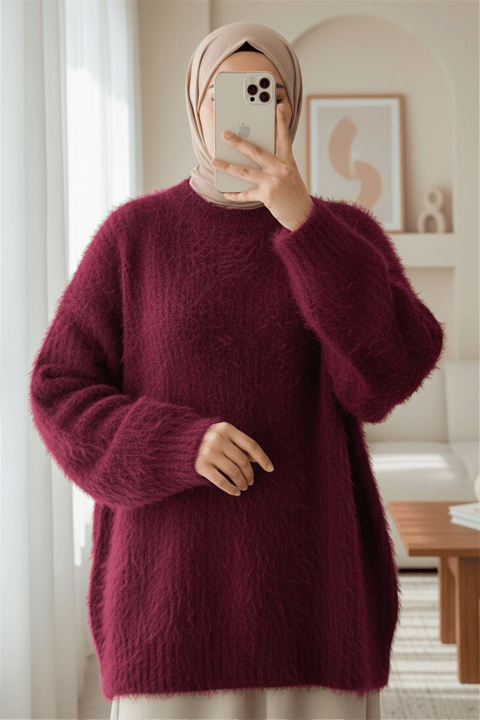 Yuvarlak Yaka Sakallı Triko Kazak -Bordo-Kazak-357-7004-R04