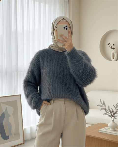 Yuvarlak Yaka Sakallı Triko Kazak -Füme-Kazak-357-7004-R18
