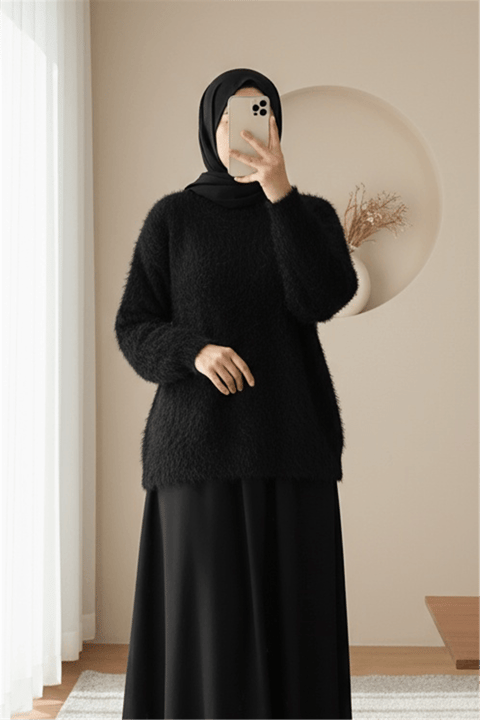 Yuvarlak Yaka Sakallı Triko Kazak -Siyah-Kazak-357-7004-R01
