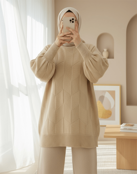 Yuvarlak Yaka Salaş Desenli Triko Kazak -Açık Vizon-Kazak-295-4514-R51