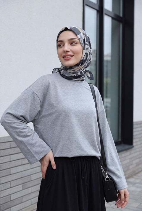 Yuvarlak Yaka Salaş Penye Tunik       -Gri