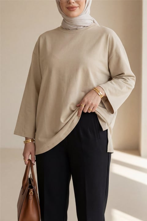 Yuvarlak Yaka Salaş Penye Tunik  -Açık Vizon-Tunik-437-10751-R51
