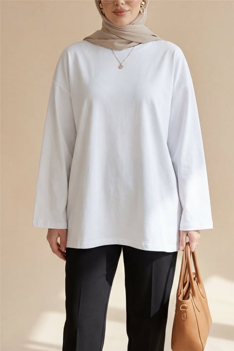Yuvarlak Yaka Salaş Penye Tunik  -Beyaz-Tunik-437-10751-R02