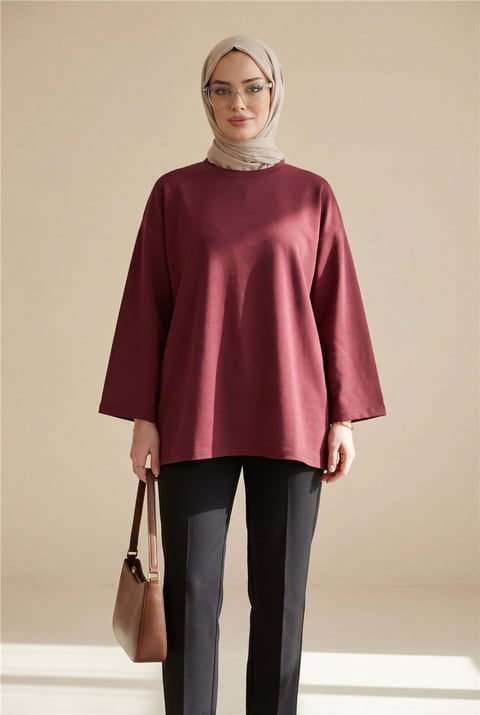Yuvarlak Yaka Salaş Penye Tunik  -Bordo-Tunik-437-10751-R04