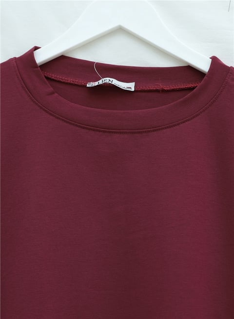 Yuvarlak Yaka Salaş Penye Tunik  -Bordo-Tunik-437-10751-R04