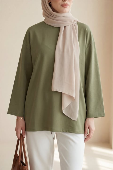 Yuvarlak Yaka Salaş Penye Tunik  -Haki-Tunik-437-10751-R05