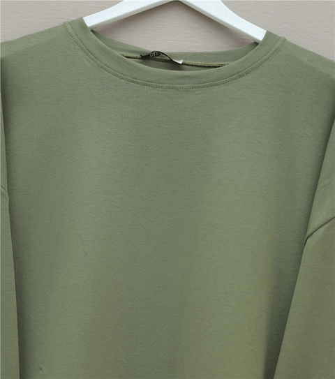 Yuvarlak Yaka Salaş Penye Tunik  -Haki-Tunik-437-10751-R05
