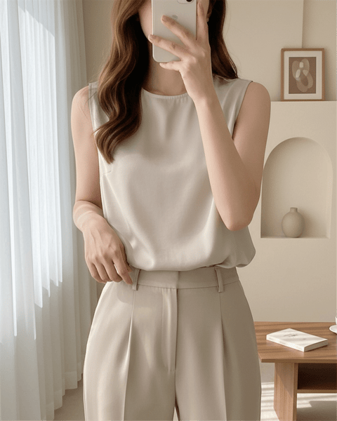 Yuvarlak Yaka Sıfır Kol Modal İçlik  -Bej-Bluz-338-40010-R56