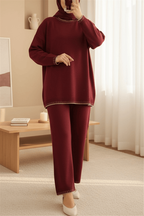 Yuvarlak Yaka Uçları Nakış Detaylı Triko Takım  -Bordo-Takım-384-402-R04