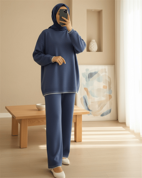 Yuvarlak Yaka Uçları Nakış Detaylı Triko Takım -İndigo-Takım-384-402-R21
