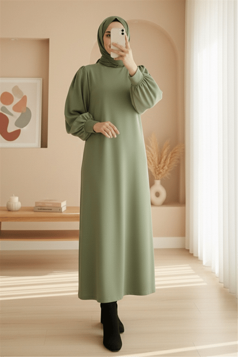 Yuvarlak Yaka Uzun Oysh Elbise -Çağla Y.-Elbise-111-61510-R70