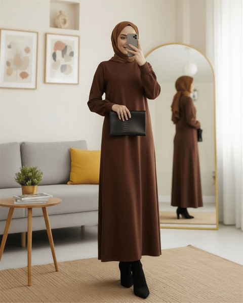 Yuvarlak Yaka Uzun Oysh Elbise -Kahve-Elbise-111-61510-R15