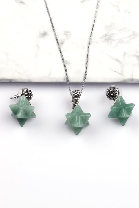 Aventurin Doğal Taş Merkaba Kolye - Küpe 2'li Set