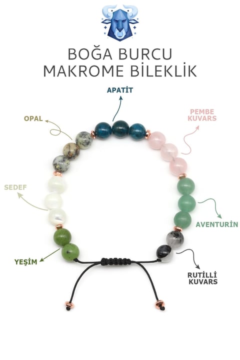 Boğa Burcu Taşlarından Oluşan Doğal Taş Makrome Bileklik 8 mm Küre Kesim - Burç Bilekliği