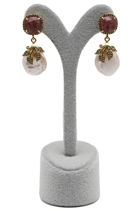 Çilek Kuvars-İnci Doğal Taş Sallantılı Küpe - KP-0275