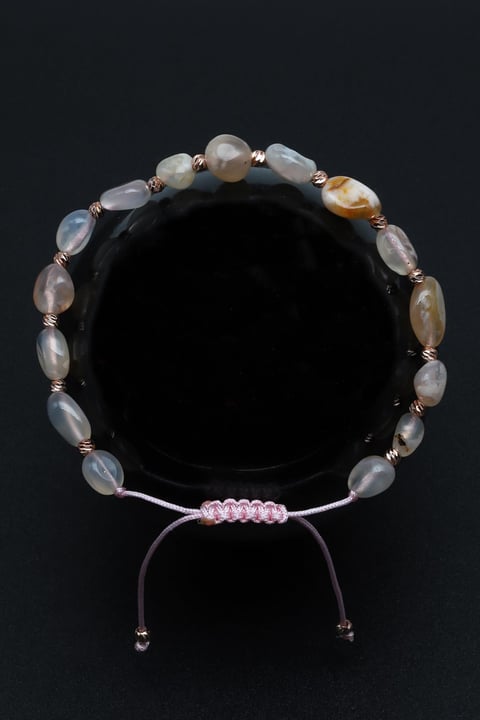 Flower Agate Doğal Taş Makrome Örme Bileklik Küre Kesim