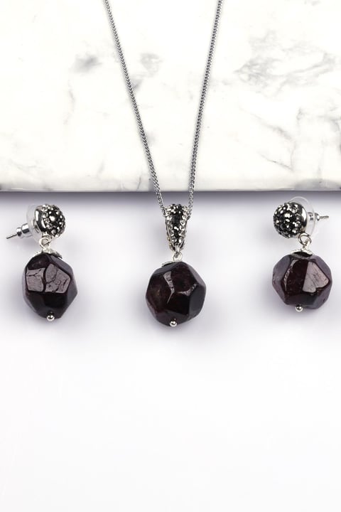 Garnet - Lal Doğal Taş Kolye - Küpe 2'li Set