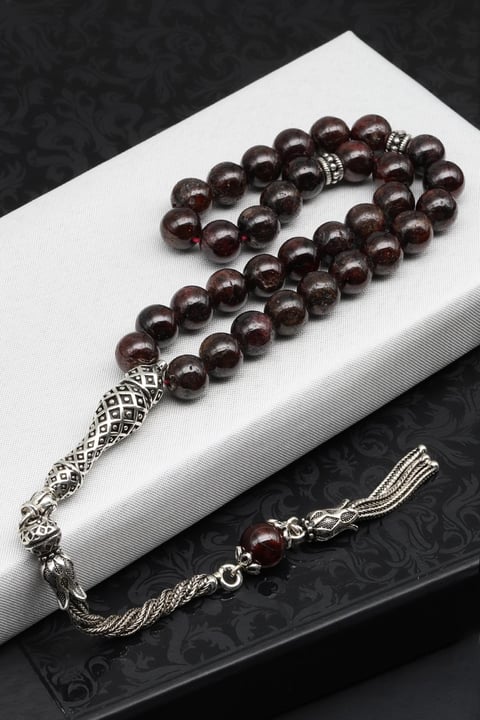 Garnet - Lal Doğal Taş Tesbih 925 Ayar Gümüş 8 mm Küre Kesim