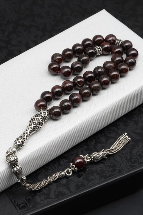 Garnet - Lal Doğal Taş Tesbih 925 Ayar Gümüş 8 mm Küre Kesim