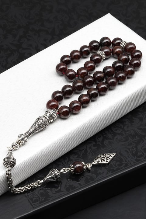 Garnet - Lal Doğal Taş Tesbih 925 Ayar Gümüş 8 mm Küre Kesim