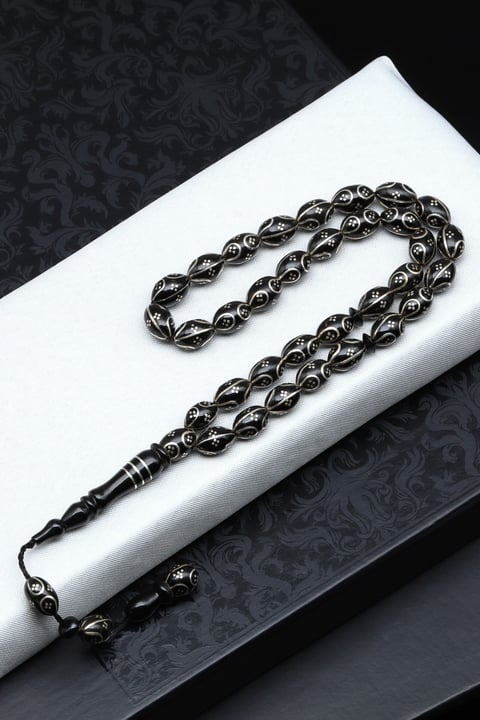 Gümüş İşlemeli Erzurum Oltu Tesbih 6 x 10 mm. Arpa Kesim - T-1916