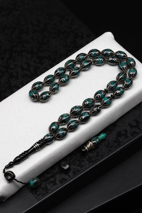 Gümüş İşlemeli Erzurum Oltu Tesbih 8 x 12 mm. Arpa Kesim
