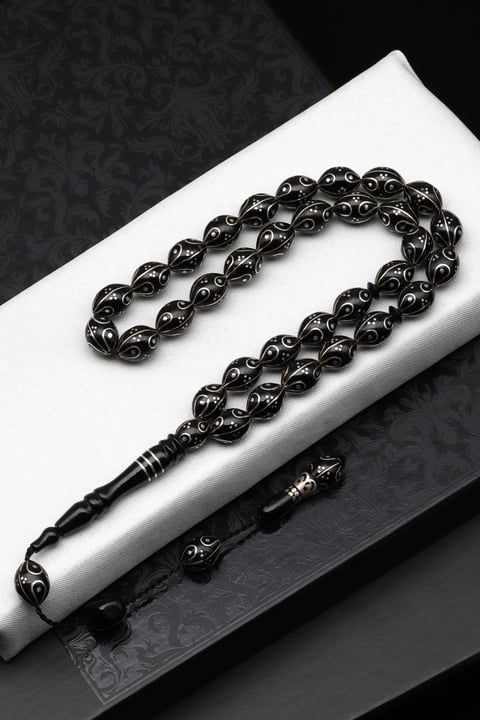 Gümüş İşlemeli Erzurum Oltu Tesbih 8 x 11 mm. Beyzi Kesim - T-1644