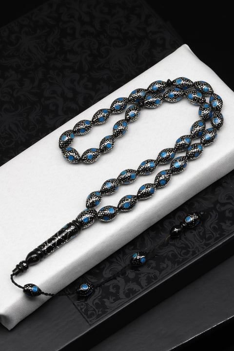 Gümüş İşlemeli Kuka Tesbih 8 x 12 mm Arpa Kesim